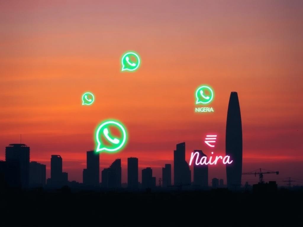 Lagos skyline at dusk with WhatsApp and Naira motifs