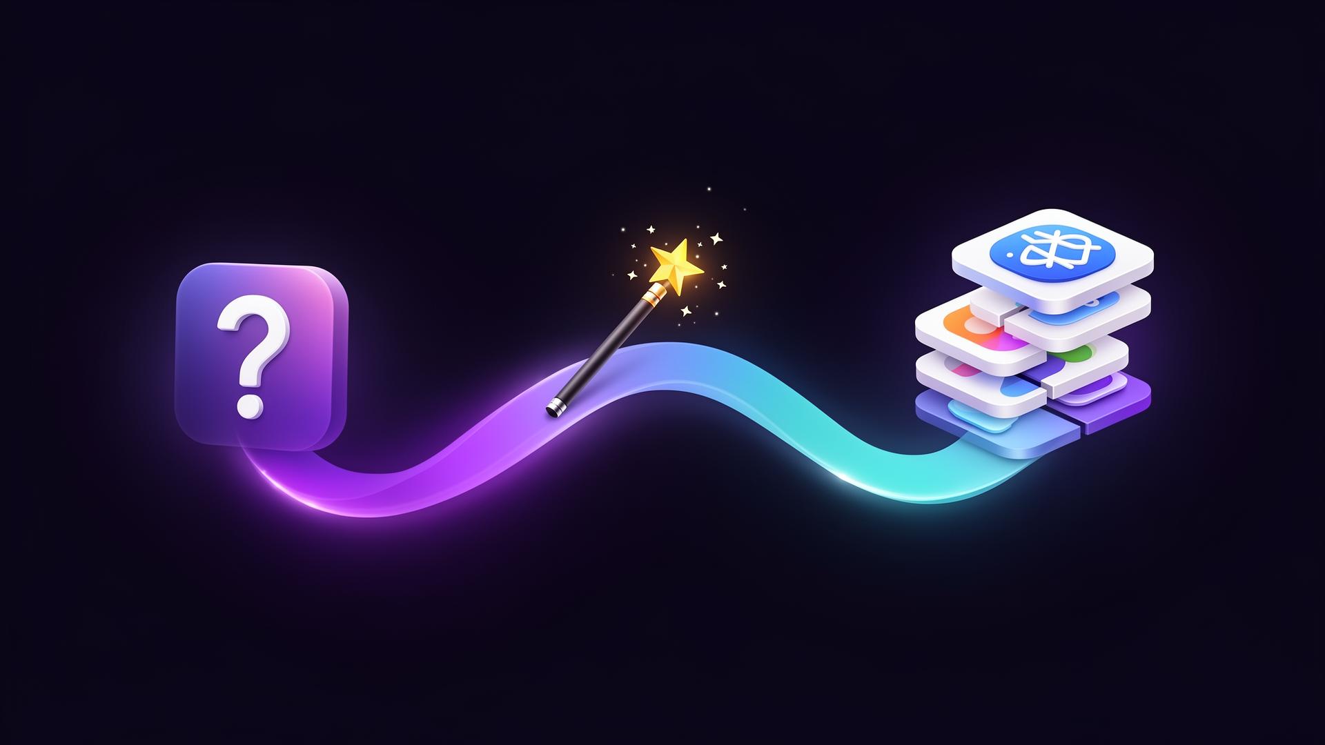 A three-step flow from question to magic-wand to a curated stack of apps